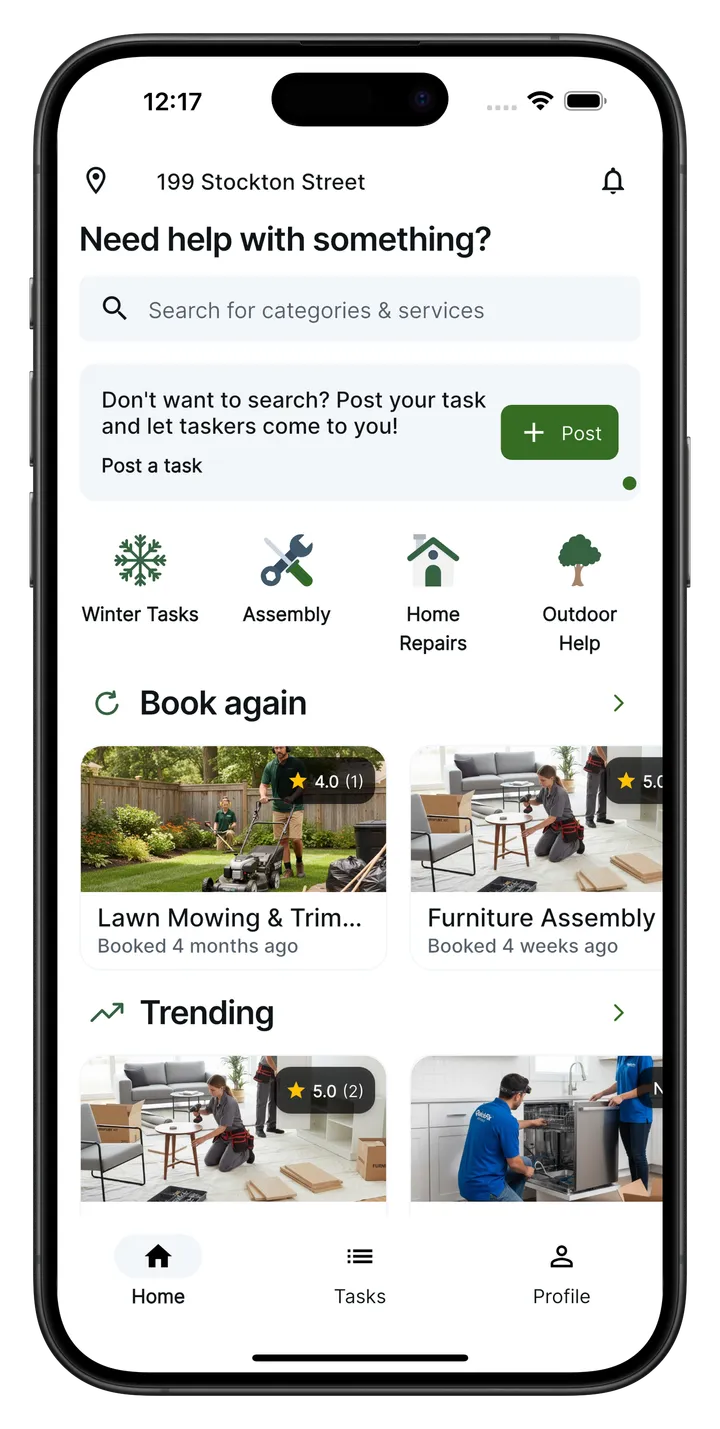 Search — Pick a category or search for the service you need, then add your address.