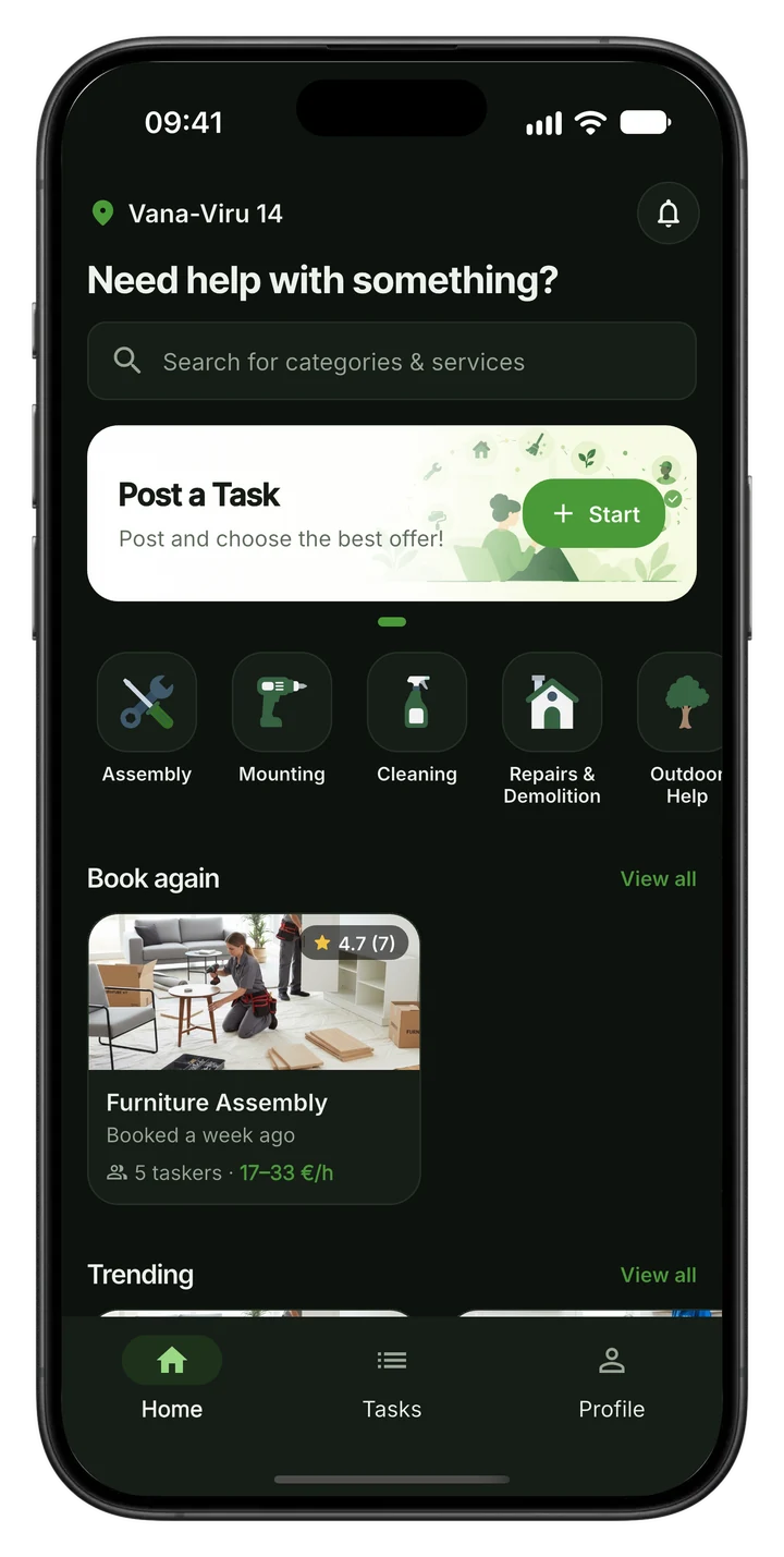 Search — Pick a category or search for the service you need, then add your address.