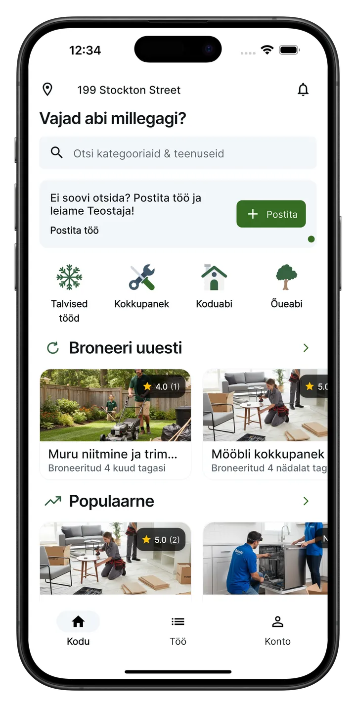Otsi — Vali kategooria või otsi vajalikku teenust ja lisa oma aadress.